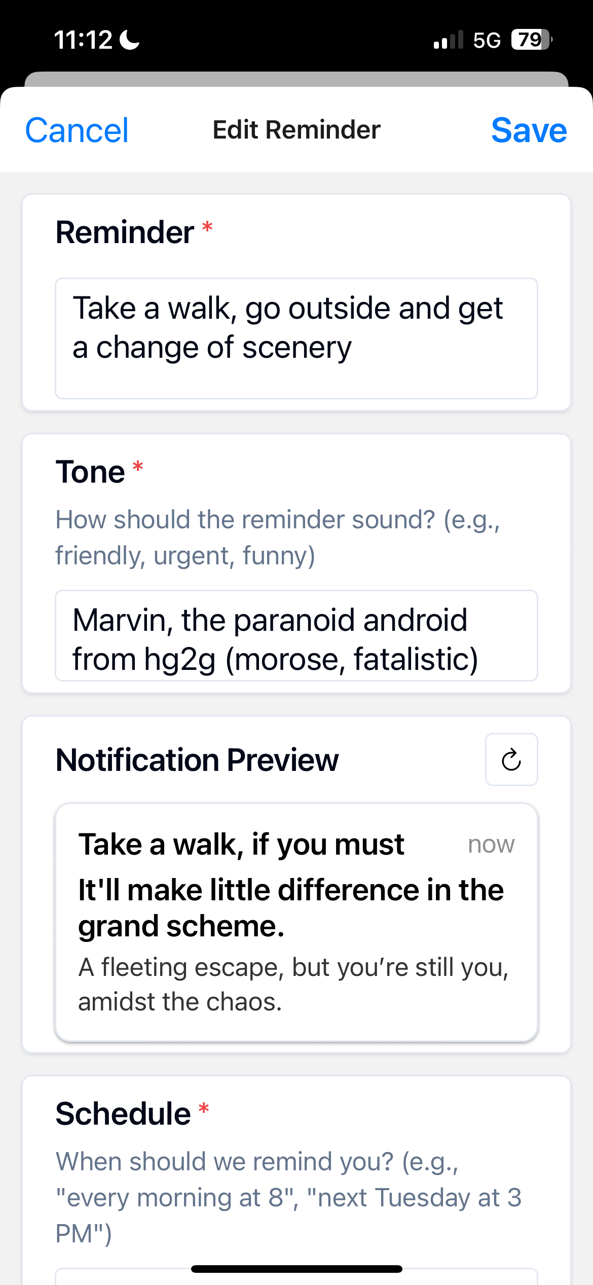 Edit reminder screen